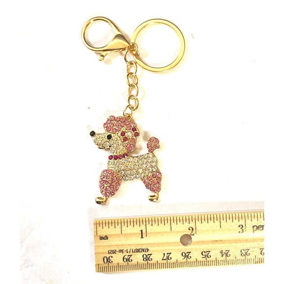 Poodle Rhinestone Charm Keychain Key Holder Pink White Gold Tone Metal New - Picture 11 of 11